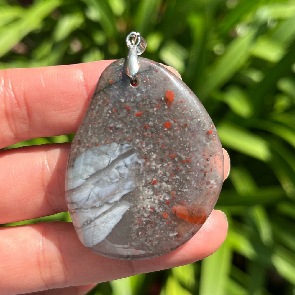 Silver plated blood stone free form pendant